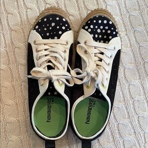 Women’s 8.5 Calcado Havaianas TNS Mix mesh flat sneakers polka dot black white